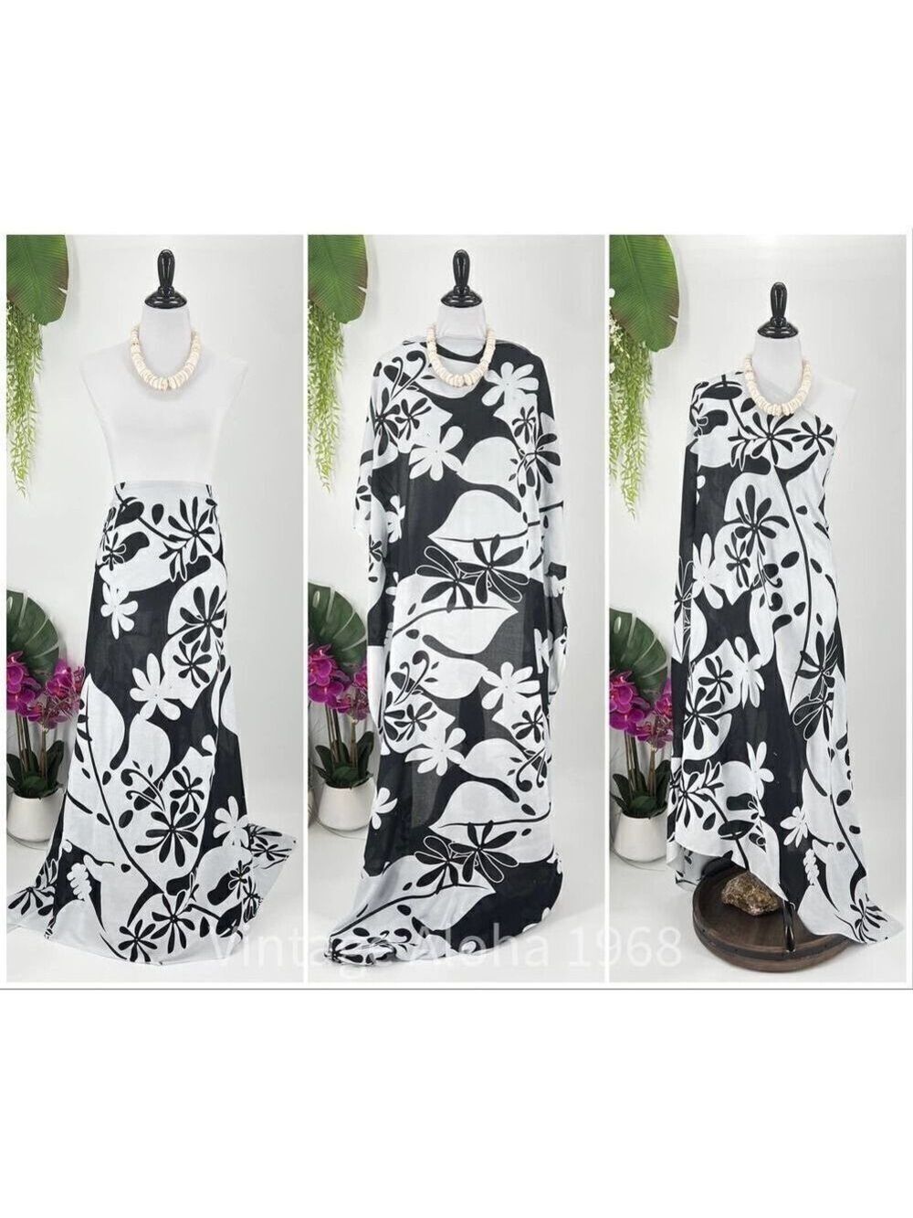 Black/White Tiare’ Monstera Tropical SARONG Kīkepa Pareo Beach Wrap Summer Scarf